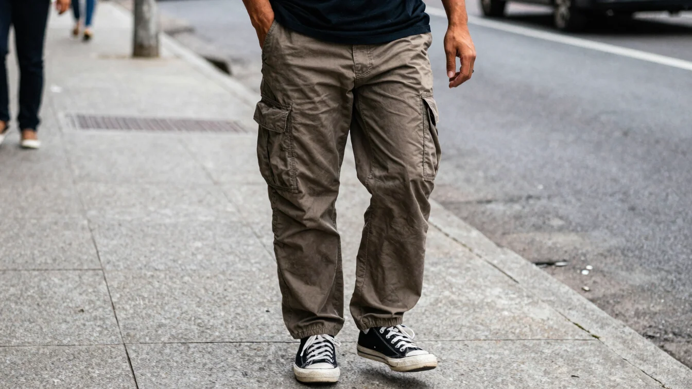 Editorial streetwear detail, cargo trousers with side pockets wor