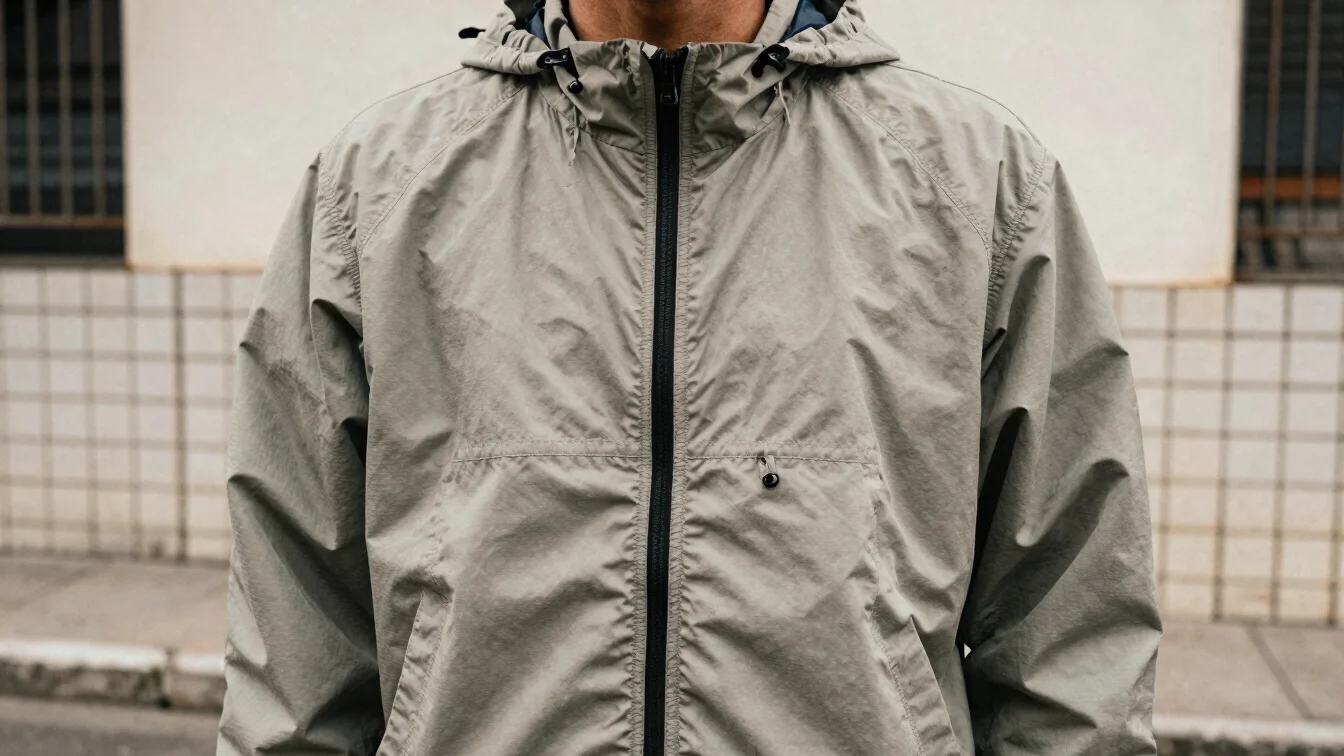 Editorial streetwear detail, lightweight windbreaker jacket close
