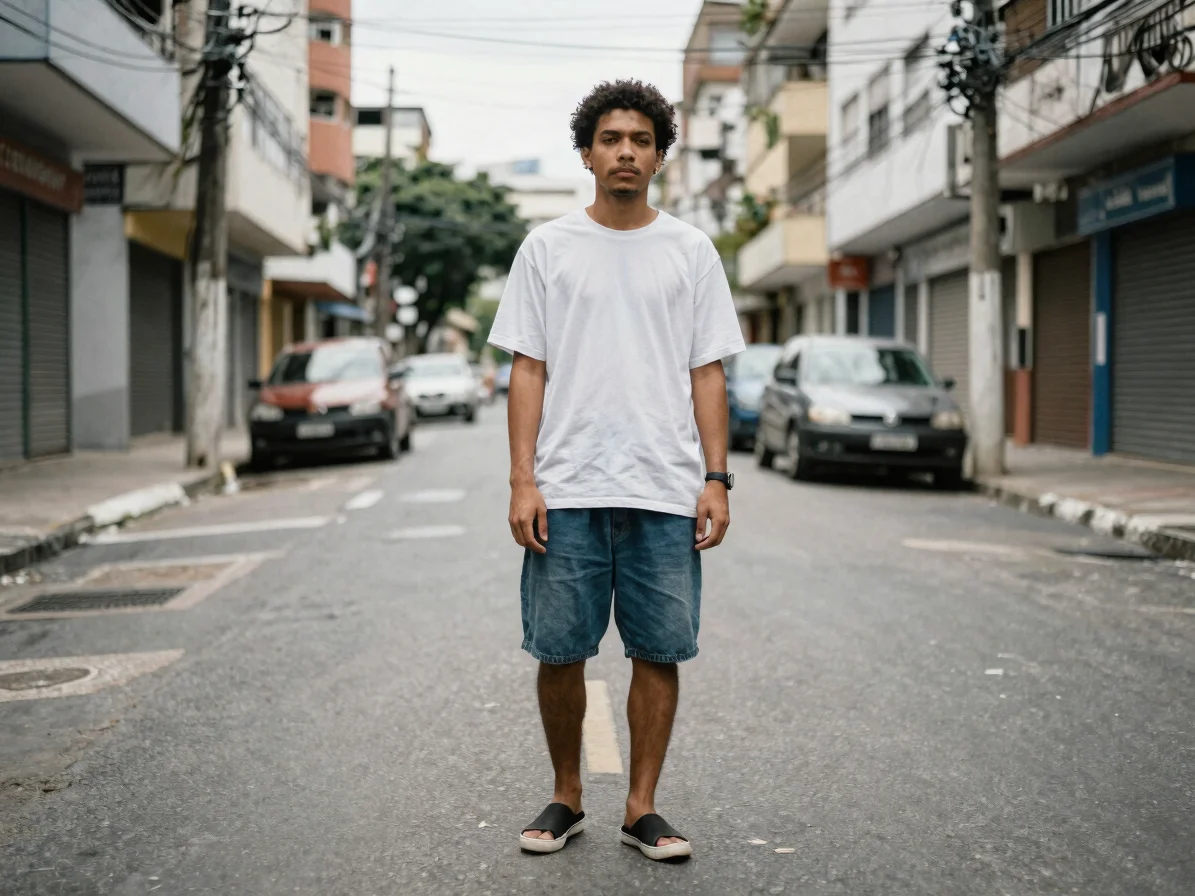 Full-body portrait, casual menswear outfit on a Brazilian urban s