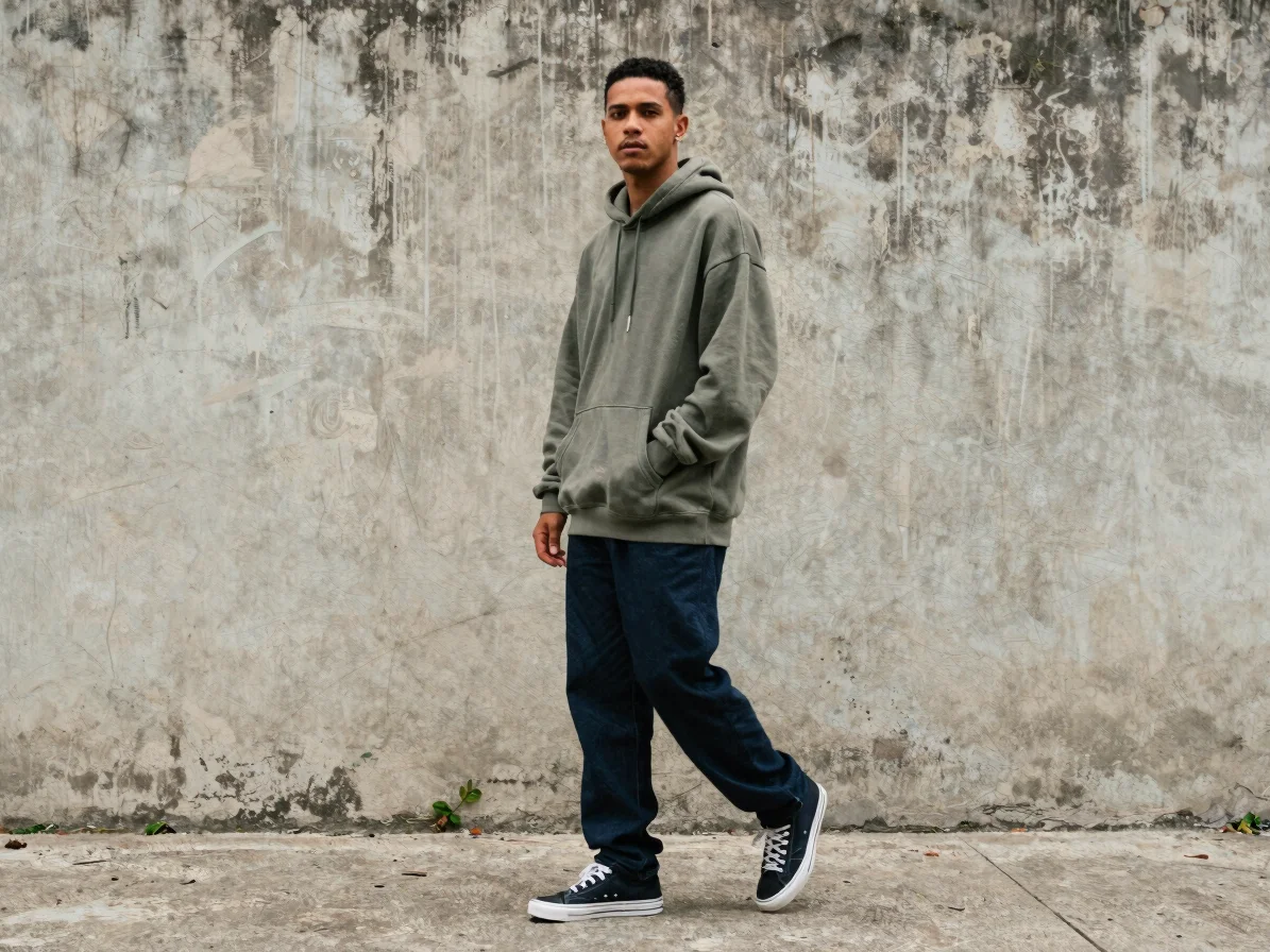 Full-body portrait, streetwear outfit with oversized hoodie again