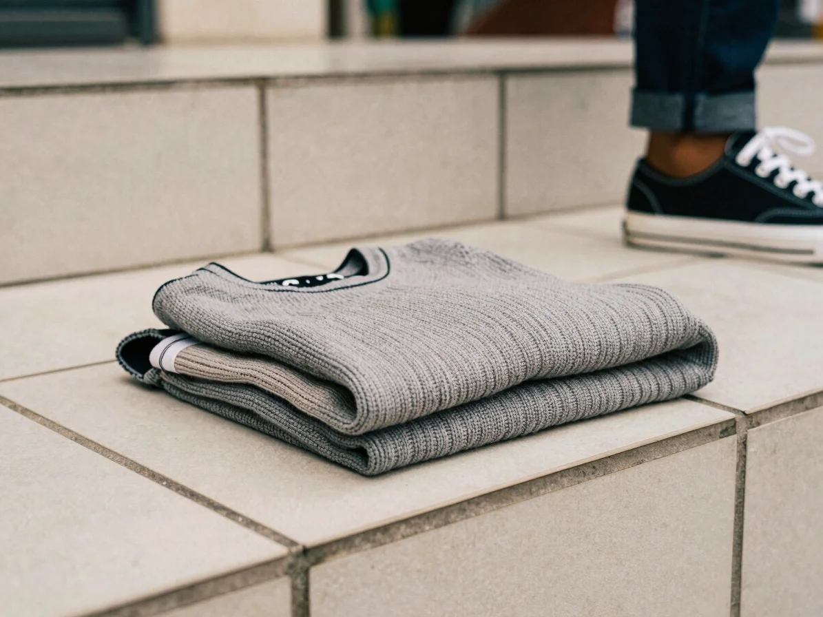 Close-up of a folded new-season knit and a canvas sneaker on a ti