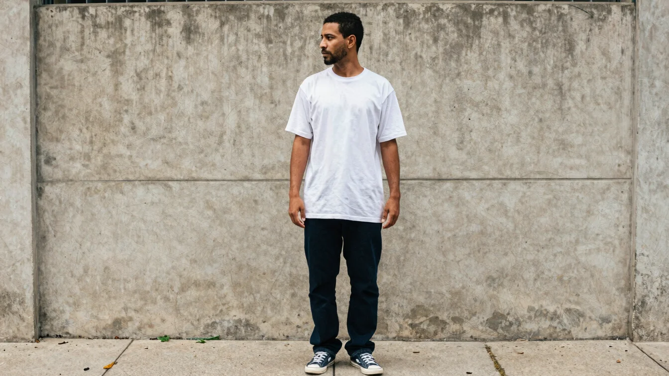 Editorial streetwear photography, natural Brazilian daylight, full-body man in heavyweight cotton t-shirt on urban sidew