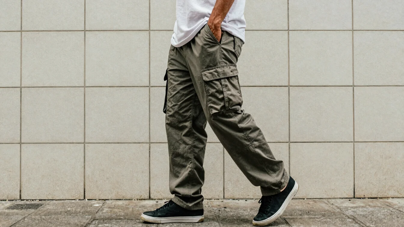 Editorial streetwear photography, natural Brazilian daylight, close detail of cargo pants with utility pockets against t