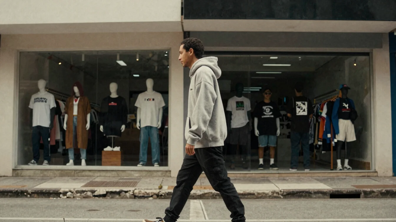 Editorial streetwear photography, natural Brazilian daylight, man in oversized heavyweight hoodie walking past commercia