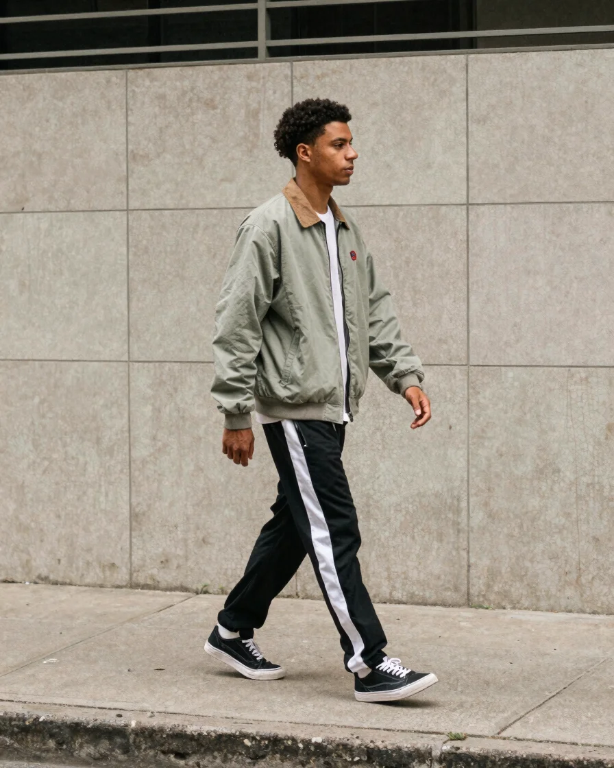 Editorial streetwear photography, natural Brazilian daylight, a y